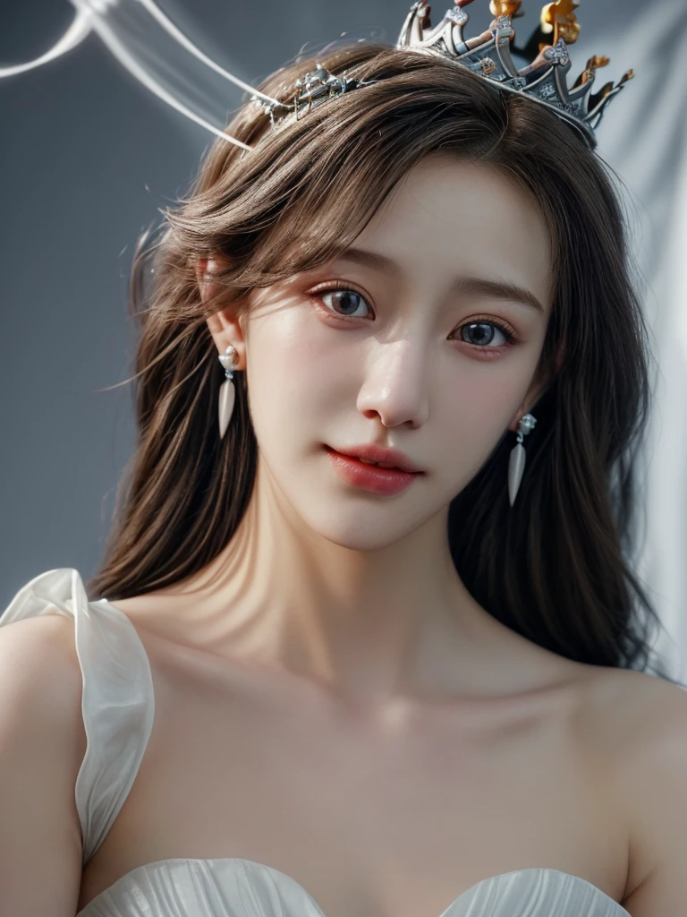 1girl,earings,crown,white dress,smirk. HD,HDR,16K,DETAILED,UNREAL ENGINE