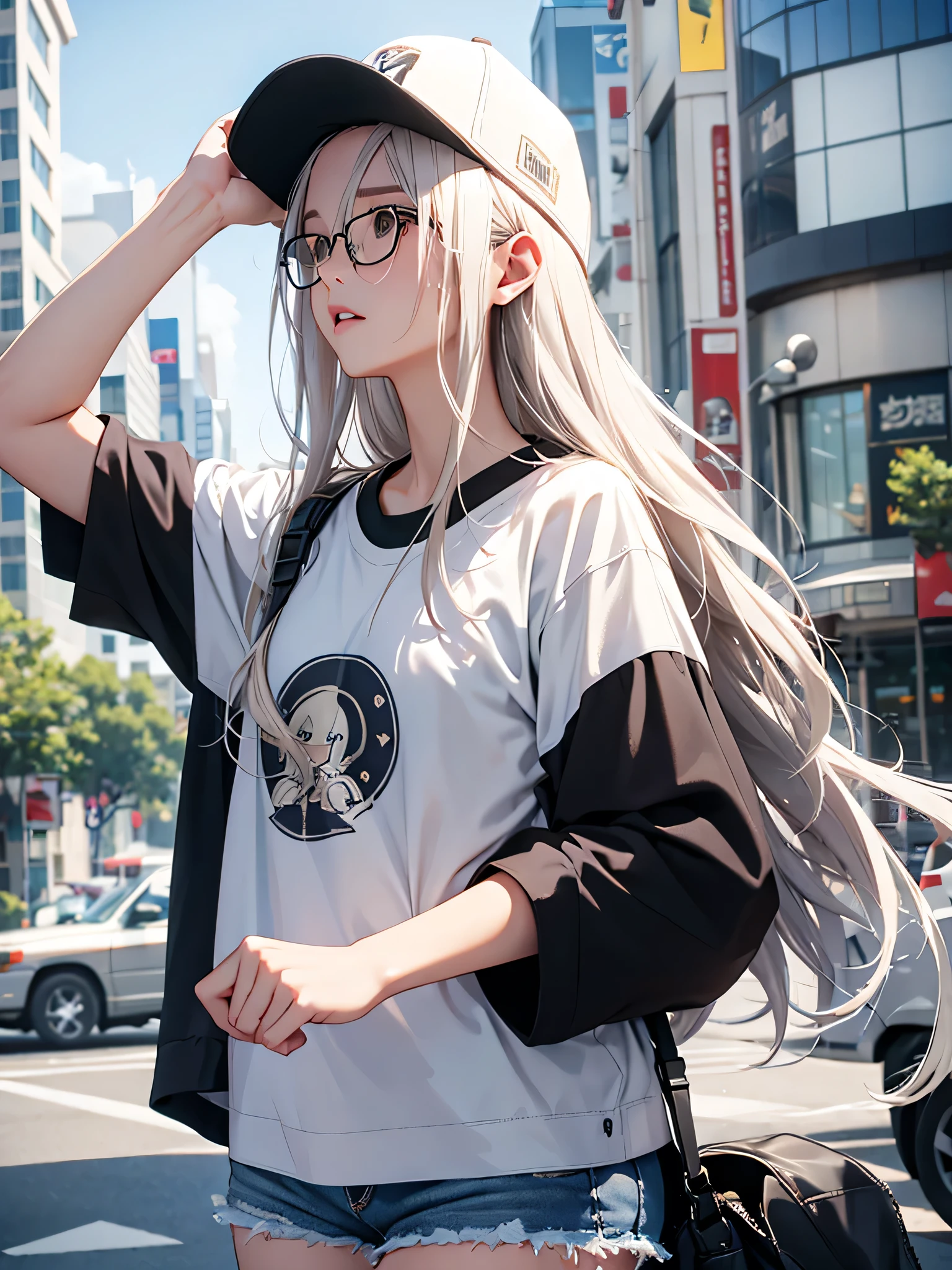 highest quality、Realistic、woman、Japanese、zoom、look up、cute、early morning downtown、Waking up、Looks sleepy、Gray Eyes、Platinum Blonde Hair、long hair、Messy Hair、Glasses、Yoreyore T-shirt、.Shorts、big baseball cap、Wear a cap low on your eyes、stretch、Yawn、slender、Small breasts、Face close-up