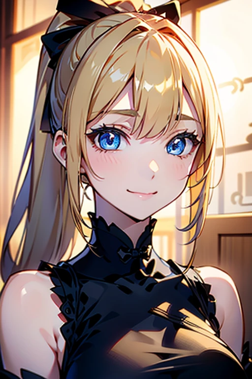 Portrait、、Bright expression、ponytail、Young, shiny, white, glossy skin、Gloss Face、Shining Cheek Gloss、Small Face Beauty、The best beauty、The dazzling light of blonde hair、Bright blonde hair with dazzling highlights、Very beautiful shiny light blonde hair、super long silky straight hair、Her shiny, beautiful bangs are covering her eyes.、Sparkling, clear, attractive, bright, large, pale blue eyes、Very big eyes、eyeliner、very beautiful lovely cute girl、Ample Bust, full body , smile , (((black China dress)))