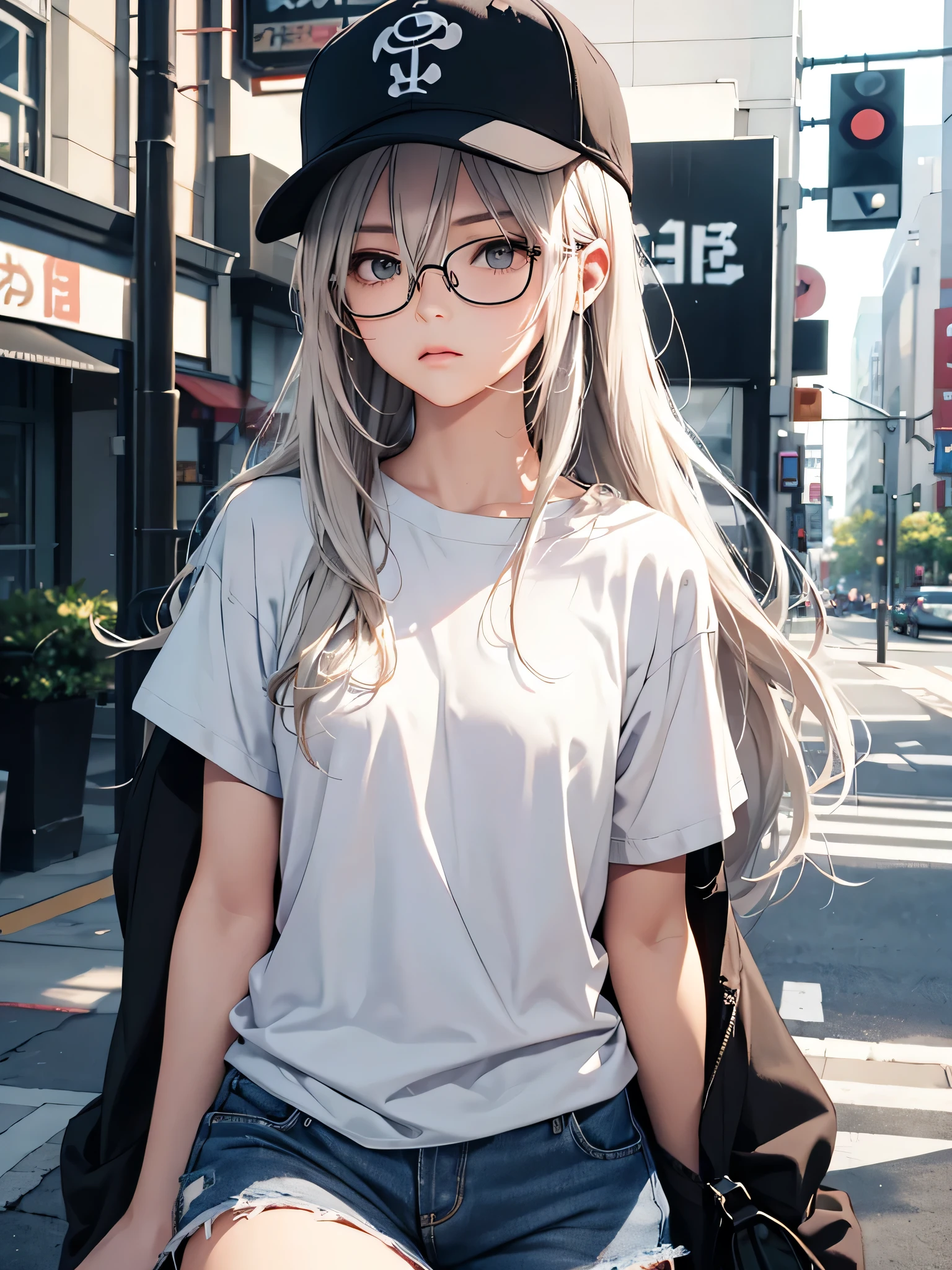 (Beautiful blonde, dark blue and beautiful eyes, small, 18 years old, thin waist, pigtails, thick braid, happy), glasses, big hoodies, damaged denim pants, model pose, background is station platform, gothic café clerk, snap, (masterpiece), ((best quality)), (super detailed), girl, clean and detailed face, five fingers, textile shading, perfect human structure, perfect anatomy,