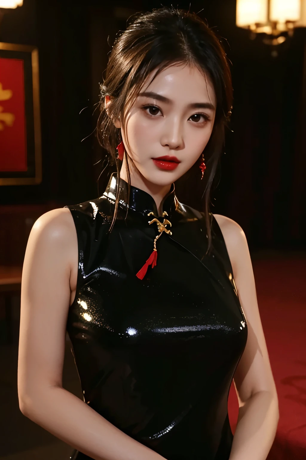 1 Girl,shrub,girl girl, Black cheongsam dress, Blunt, (masterpiece:1.4), (best quality:1.4), (Oily and shiny skin), Red lips, Looking at the audience, Large Breasts, Cleft lip, Upper Body,