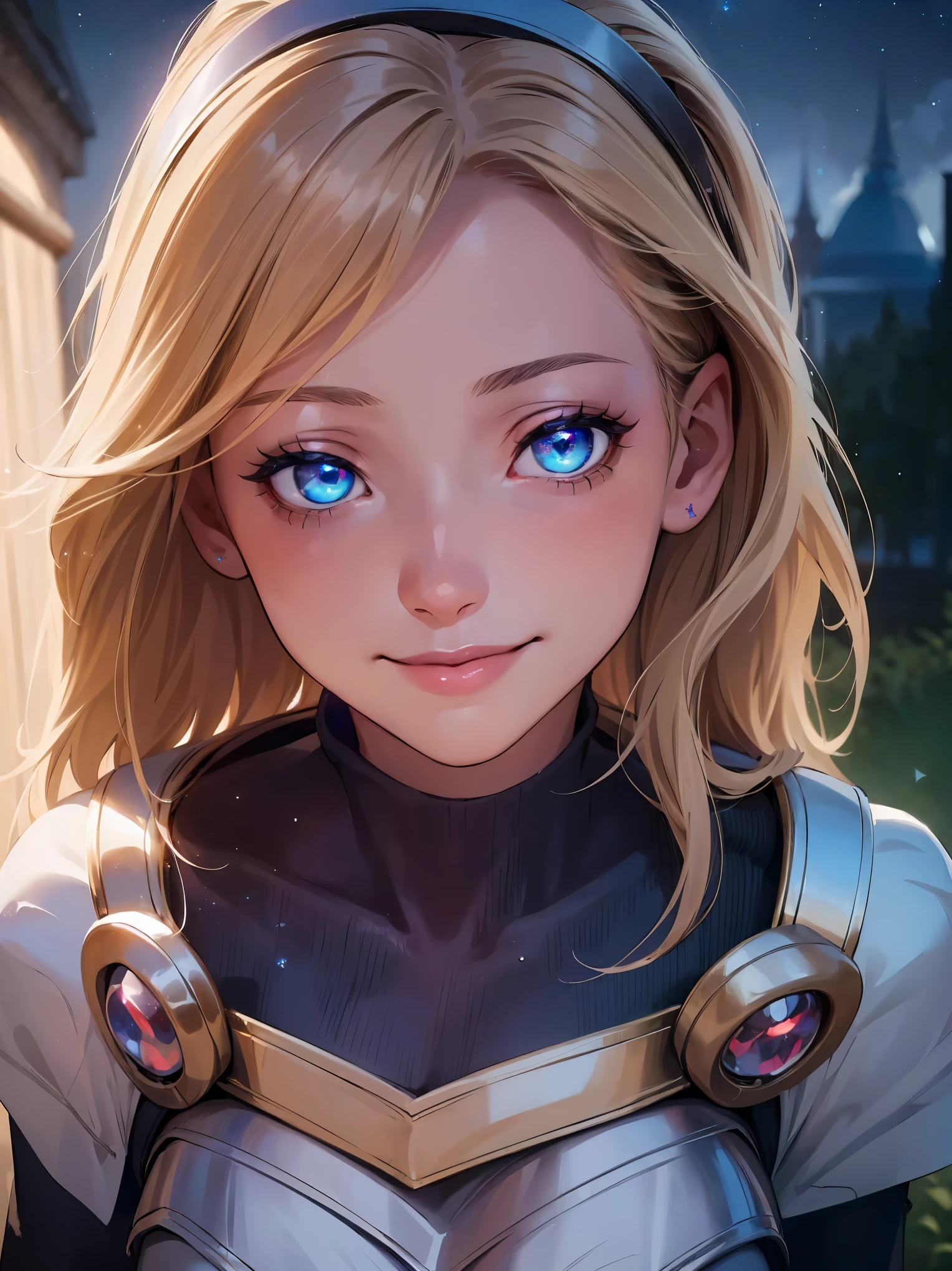 (best quality, ultra-detailed, realistic:1.37), vivid colors, portraits, Lux, detailed eyes, wink, cute smile, face up close, long eyelashes, dark night sky, ethereal glow, stars shimmering, magical atmosphere