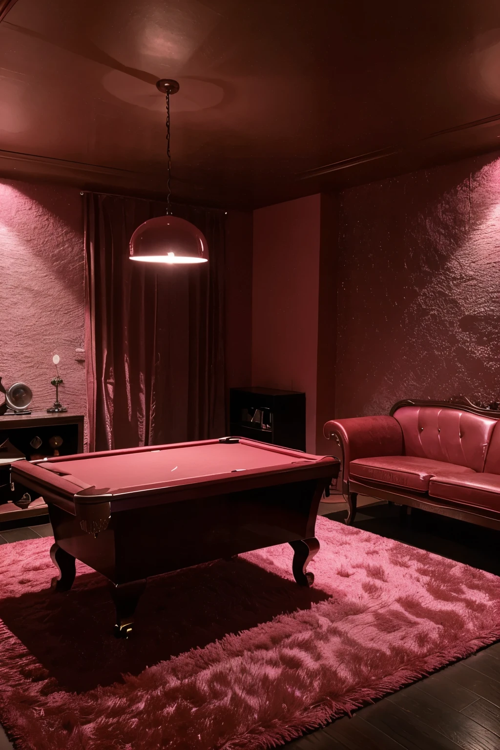 A luxury adult playroom with a pink fur carpet wall to wall. red mood lighting.