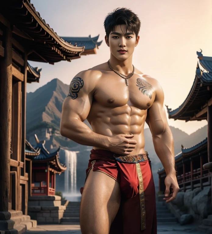 2 handsome boy chinese kissing, touching lips, cuddle, grab the s, romanctic, hug , nakeiling, catching eyes , Chinese Men God, Mythology, realistic, Chinese odyssy, super Handsome,manly, kpop idol, handsome korean actor, 20 years old,, detailed face, manly jawline, manly chin, detailed mess curly styling hair, Topless, Muscles, big chest Athlete body, Full Frame,full body shoots, Sexy, reatic, human skin, tattoo breast, Profal studio Lighting, long red tibetan Outfit, jade and golden pendent all over , detailed jewery in dress, earings,Chinese ancient tibetan temple Background,out door, super detailed background,look at camera , open mouth, super sexy loincloth Undear , big bulge, tibetan Warrior, Hanfu red wedding dress, tibetan Male, tibet Nobel, Seduce , bare chest , tattoo chest, tattoo arms, tattoo hands, tattoo back, tattoo legs , detailed buddism tattoos, big juicy butts, bare butts, loig dick mastte,