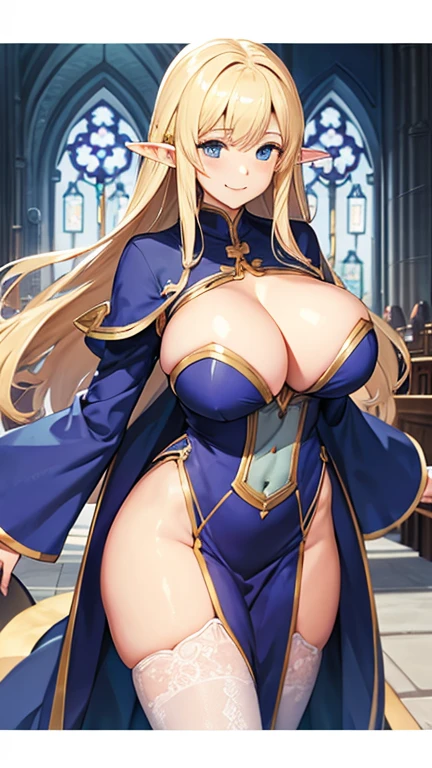 Cathedral、Elf、Blonde、clergyman、smile、Big Breasts、Very large breasts、Underboob、Lower part of breast