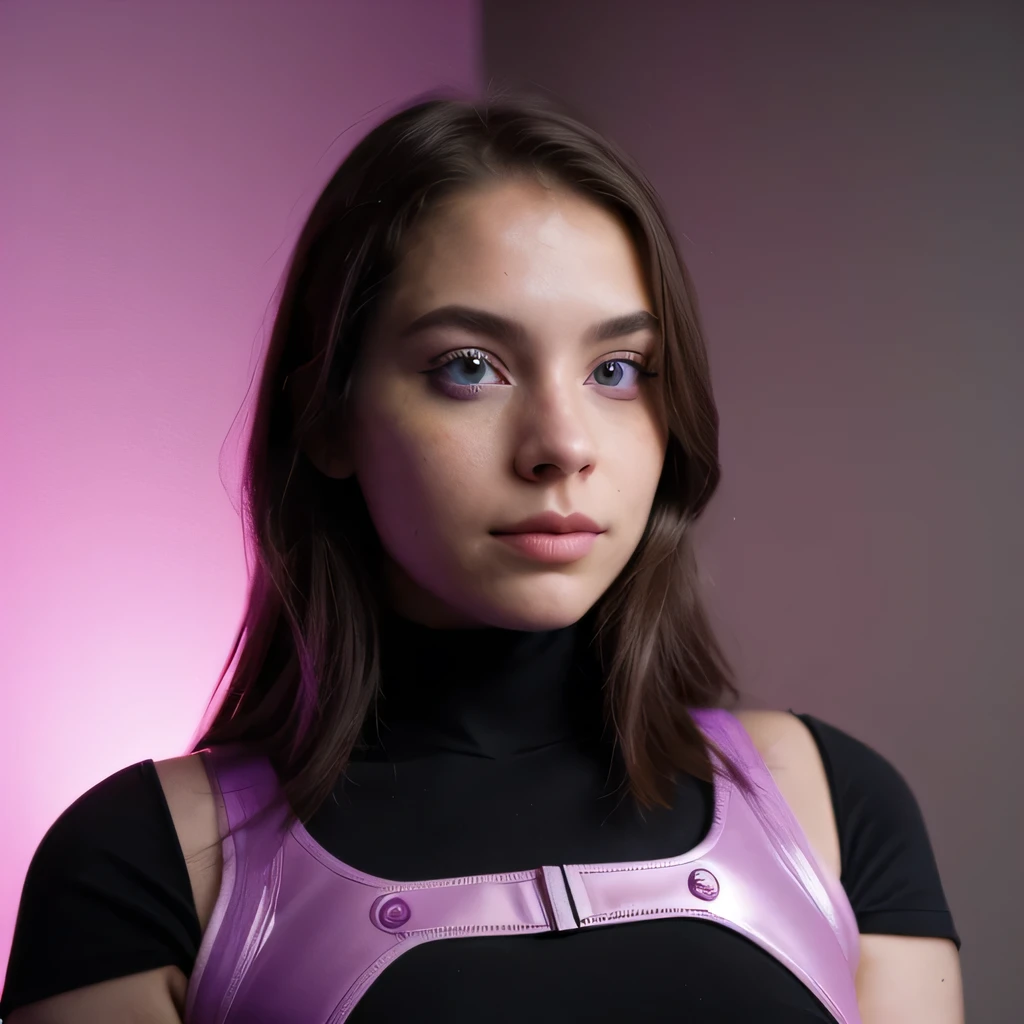 photo of a college student, in Purple Pink, futuristic space suit, (freckles:0.8) cute face, sci-fi, dystopian, detailed eyes, Heterochromia eyes（（Side view））