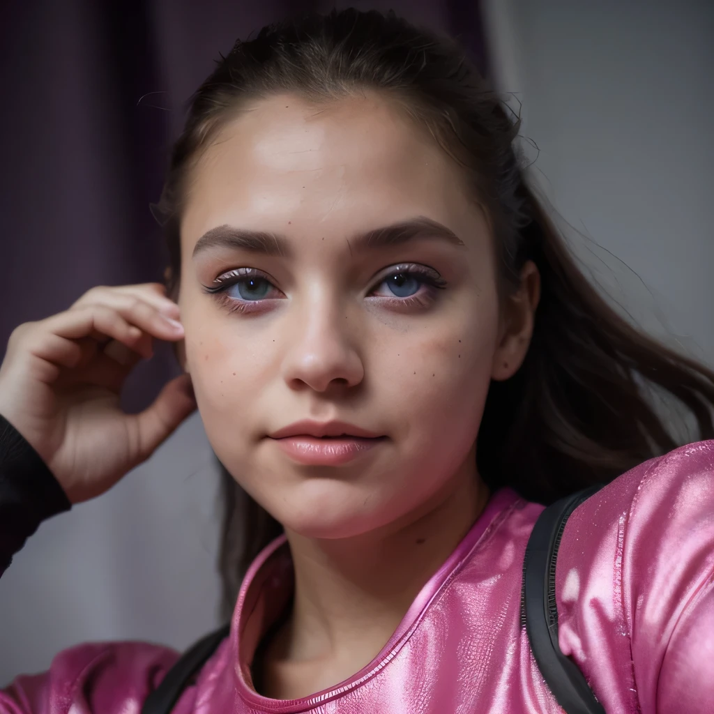 photo of a college student, in Purple Pink, futuristic space suit, (freckles:0.8) cute face, sci-fi, dystopian, detailed eyes, Heterochromia eyes（（Side view））