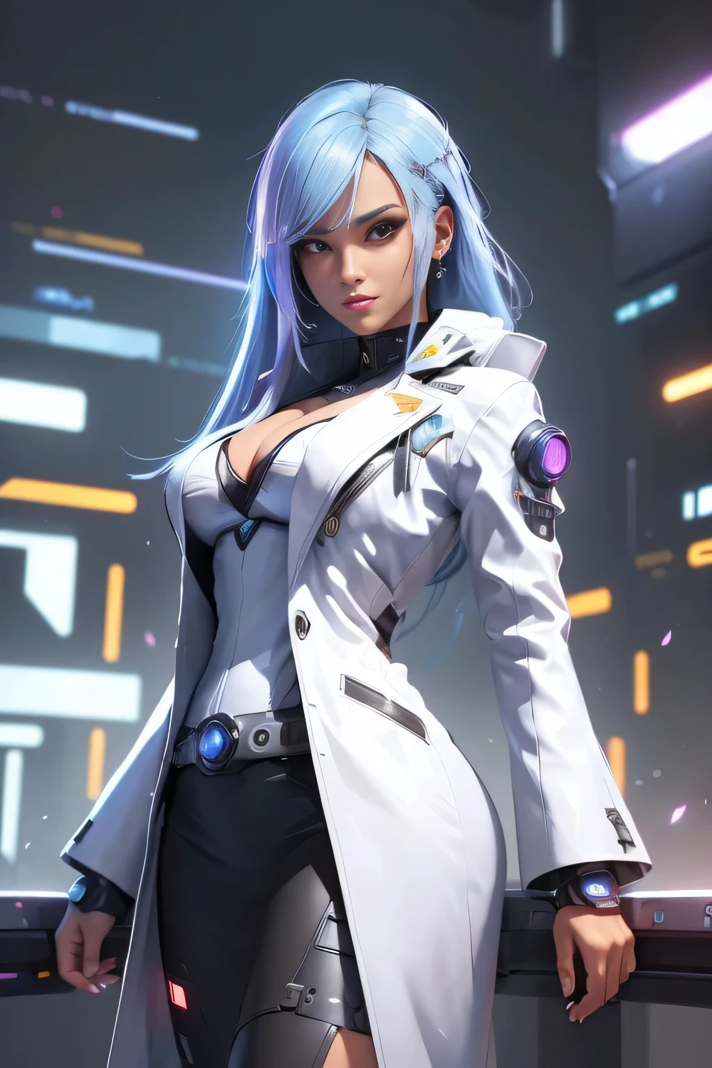 (best quality,highres,cyberpunk:1.2),tanned woman,Robotic Android,long silver hair with bluish highlights,slightly tanned skin,feminine appearance,wearing a feminine secretary suit,cowboy shot