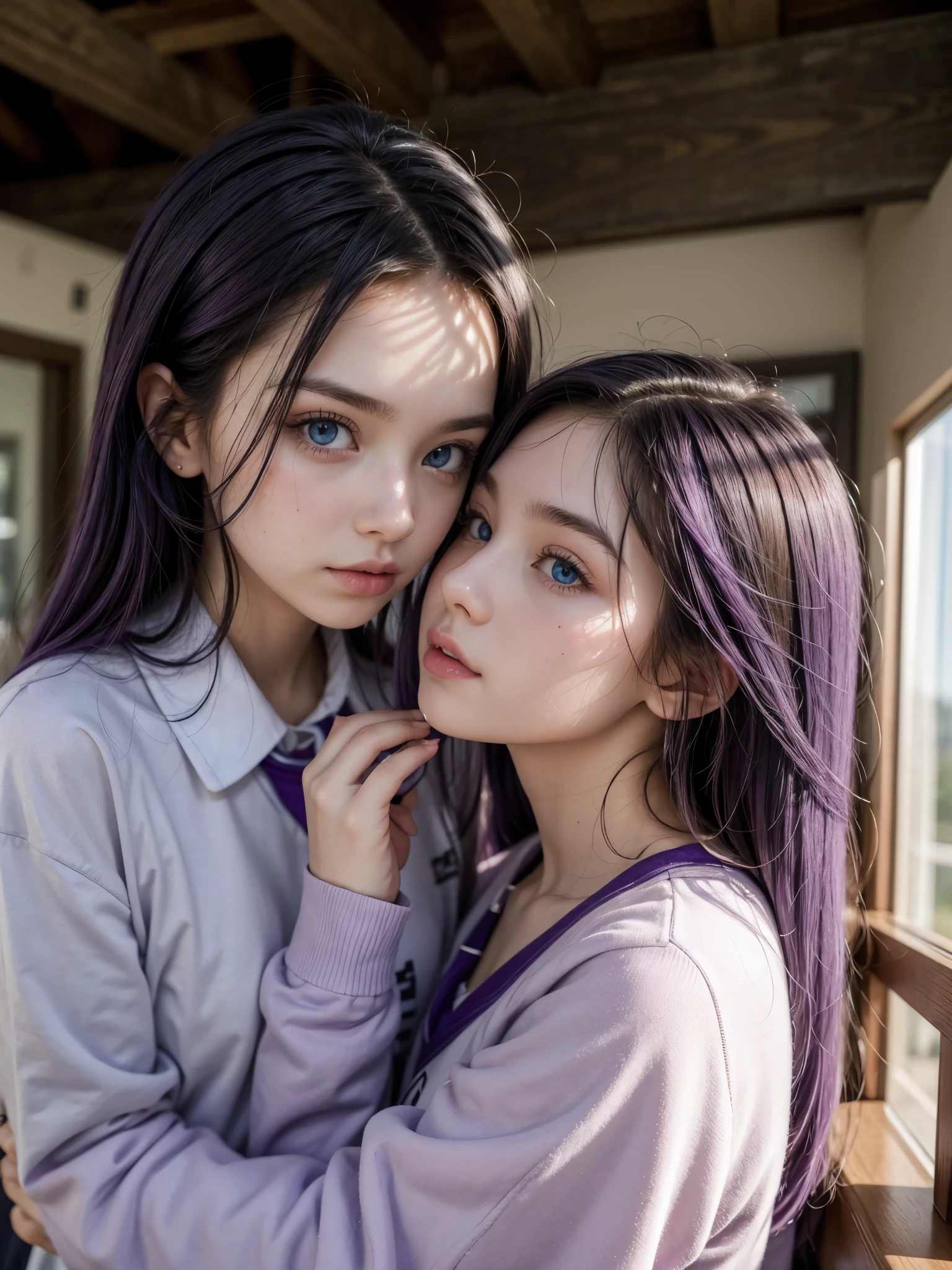 Hot girl, purple hair, blue eyes, school clothes, kissing