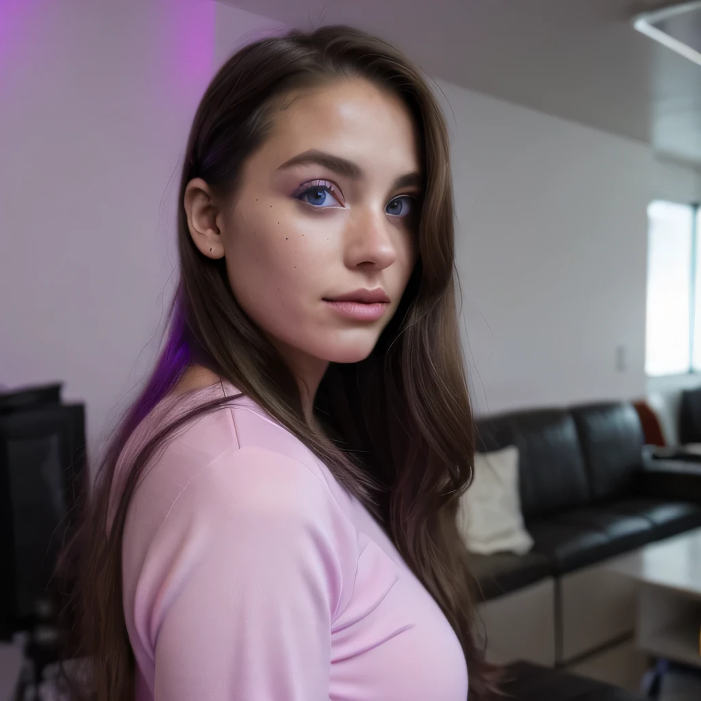 photo of a college student, in Purple Pink, futuristic space suit, (freckles:0.8) cute face, sci-fi, dystopian, detailed eyes, Heterochromia eyes((Side view))