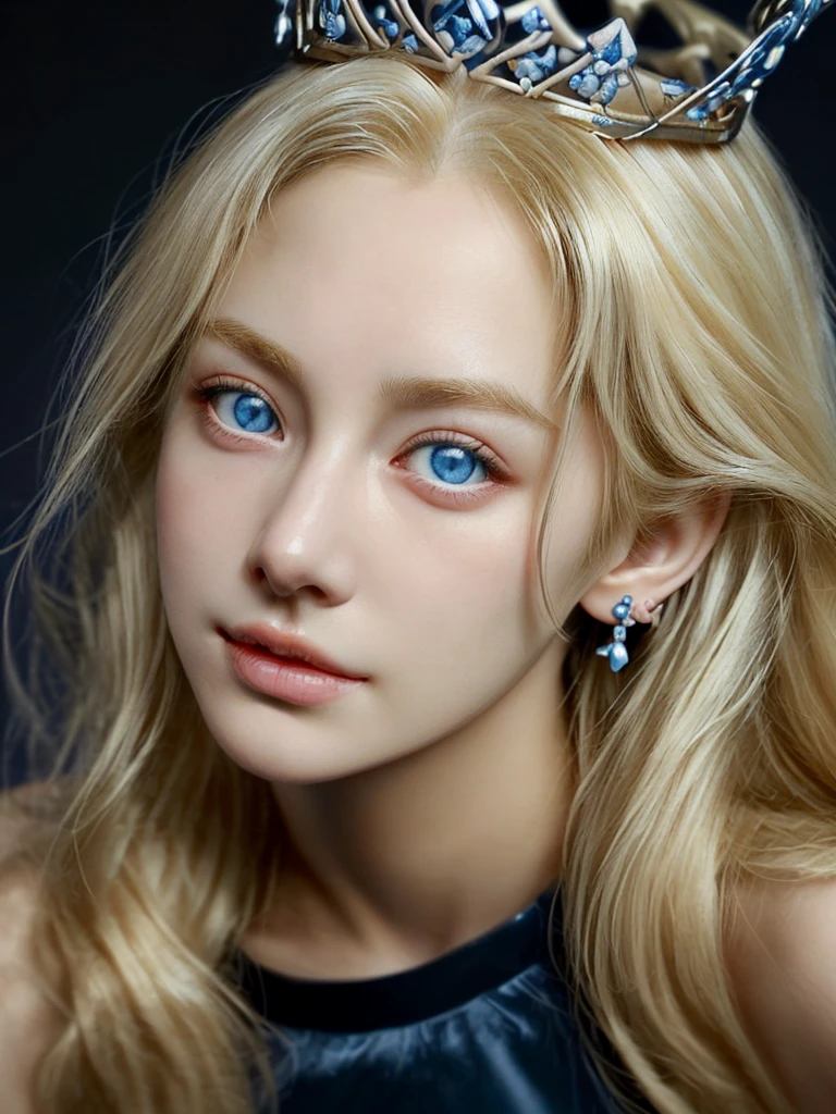 1girl,blonde hair,blue eyes,crown,earings,black dress,smirk. HD,HDR,16K,DETAILED,UNREAL ENGINE