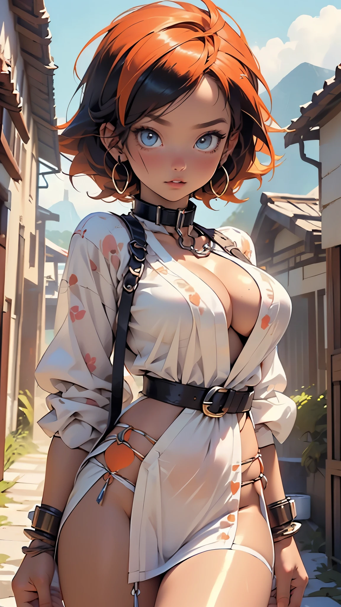 girl tribal,(((beauty girl))),(((18 years old))),
((((large breasts:1.4),))),(((orange hair,Wild Spike orange Saiyan hair,orange hair,colored inner hair))),((blue_eyes:1.3))),intricate eyes,beautiful detailed eyes,symmetrical eyes,(((black skin,dark-skinned_female,dark skin,lustrous skin:1.5,tanned skin,bright skin: 1.5,skin tanned,shiny skin,very shiny skin,shiny body))),(spider lower abdomen,narrow waist,wide hip,athletic body,inflated legs,thick thighs,(detailed face)),beautiful detailed lips,
((cute,slutty,erotic,(nsfw))),
(revealing clothing,show skin),((underboob)),(barefoot),((see through clothes,long clothing,no bra)),(((slave,slave collar,Long chain leash connected to her collar,shackles,loincloth))),(red panties with a wolf fur sarong brown)),((clothing adorned with embroidery, bones, feathers and beads, white flower crown)),(((slave collar,Long chain leash connected to her collar,shackles))),tribal,((loincloth,intricate outfit,embroidered outfit,ornate outfit)),
dynamic and seductive pose,looking at viewer,embarrassed,centered,scale to fit dimensions,Rule of thirds,
((mountain)),scenery:1.25,((intricate scenery)),((mountain background)),
(Glossy tribal ornaments),highres,sharp focus,(ultra detailed,extremely detailed),(photorealistic artwork:1.37),(extremely detailed CG unity 8k wallpaper),(((vibrant colors,vibrant theme))),(intricate),(masterpiece),(best quality),artistic photography,(photography taken by sldr),(intricate background),perfect rendered face,perfect face details,realistic face,photo realistic,((intricate detail)),(((realism)))