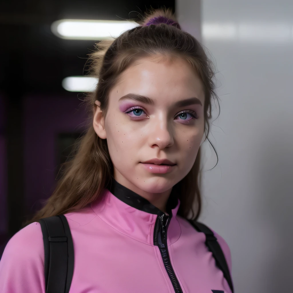 photo of a college student, in Purple Pink, futuristic space suit, (freckles:0.8) cute face, sci-fi, dystopian, detailed eyes, Heterochromia eyes（（Side view））