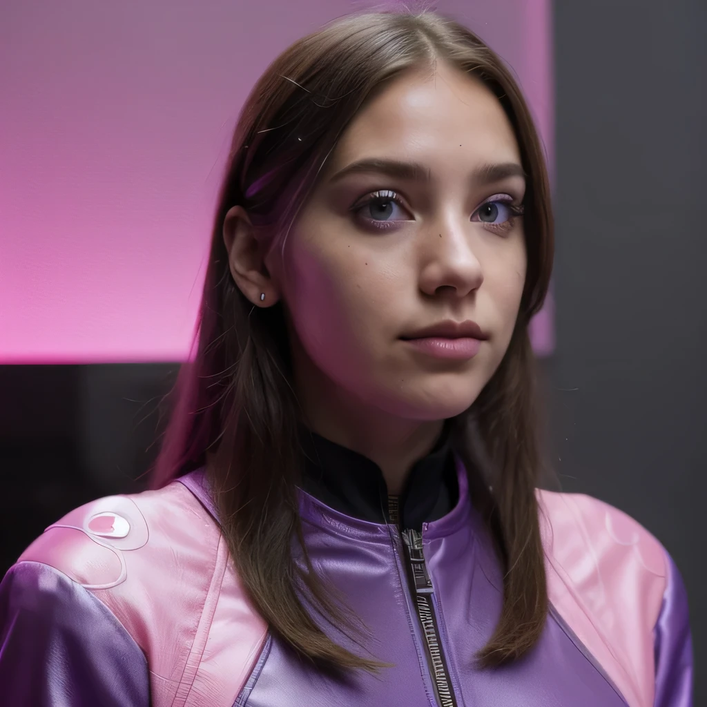 photo of a college student, in Purple Pink, futuristic space suit, (freckles:0.8) cute face, sci-fi, dystopian, detailed eyes, Heterochromia eyes((Side view))
