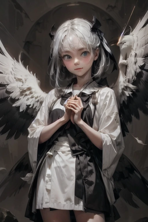 White crow with wings spread、Holding a bow
