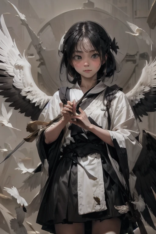 White crow with wings spread、Holding a bow