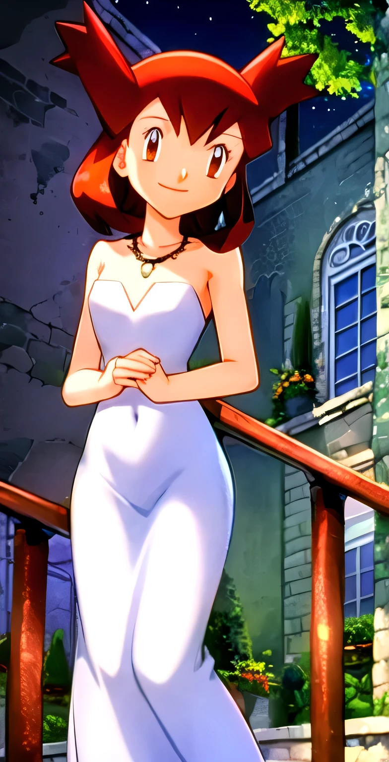 1 girl, solo, Pokemon Heroes (Bianca), Brown Hair, brown eyes, Beautiful Detail Eyes, Good hands are down, Smile, Blushing, Bare Neck, Bare Shoulders, sky blue strapless frill gown, tiara, earrings, necklace, long dress, smile, balcony, glowing mansion in background, outdoors, night time, perfect quality, good quality, masterpiece, HDR, UHD
