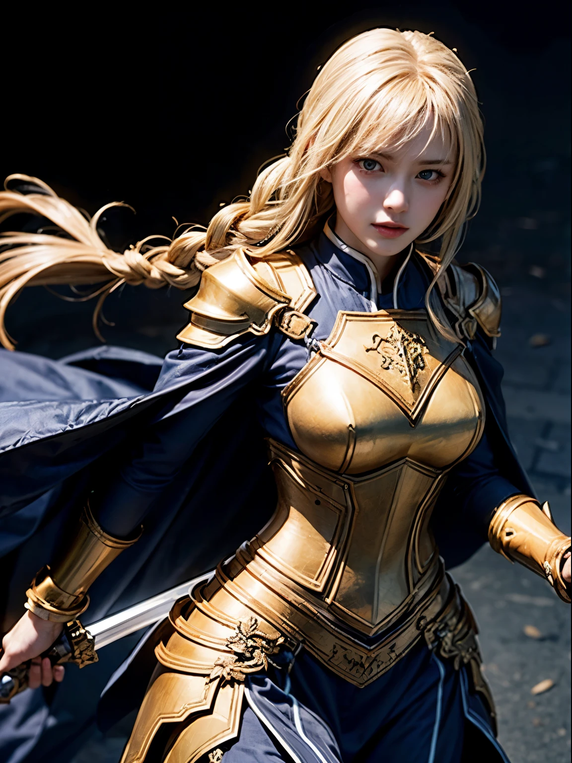 High resolution, Unity 8K Wallpaper,Long sword, (Beautiful fine details:1.16), Highly detailed face、Alignment Night Alice 、Synthesis 30, Wielding the Holy Sword、bangs, blue eyes, Blonde, Hair between the eyes, Very long hair, Braiding, hair band, 白いhair band,Break Dresses, Cape, armor, Blue clothes, 肩armor, Gauntlet, Scapula, breastplate, armorを着たドレス, drop down, 青いCape, knight, Gold Armor, An undeniably cute girl、[3D Images:1.25],[[Attractive eyes,Detailed eyes、Colorful eyes、Shining Eyes:1.25]]、armor, highest quality, High resolution, Unity 8K Wallpaper, (figure:0.8), (Beautiful fine details:1.16), Highly detailed face、Dress appropriately, Beautiful fingers,Ultra-precision、With the holy sword in hand