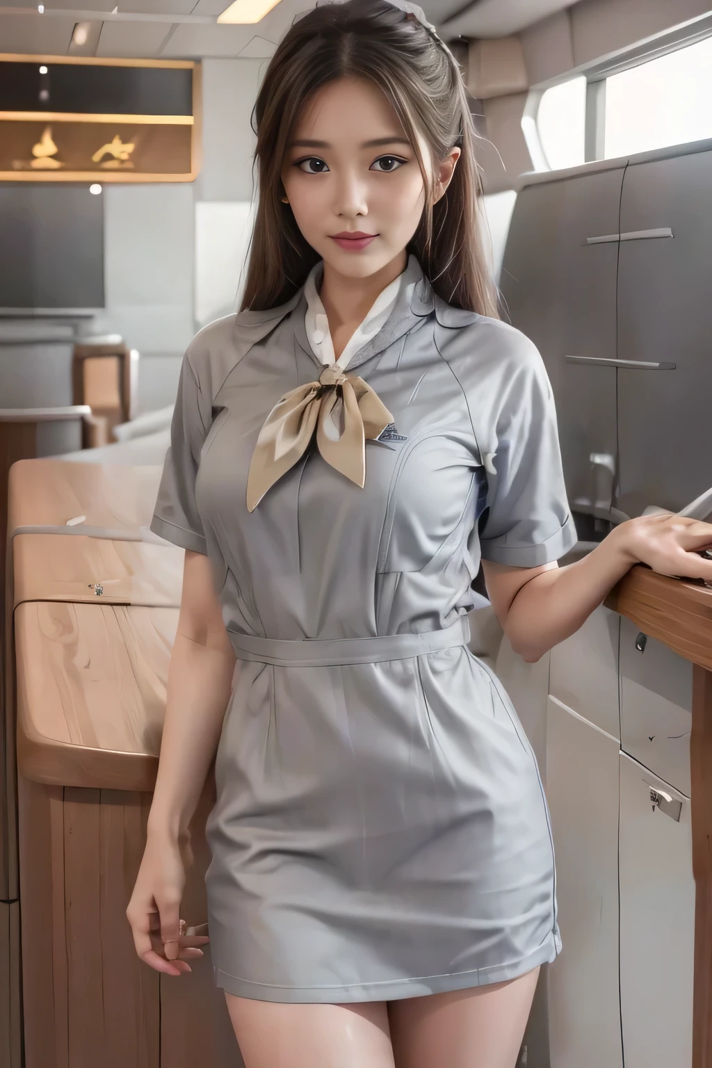 Starlux Airlines silver uniform skirt that reaches below the knee、Starlux Airlines silver short sleeve uniform、Place your hands on the table