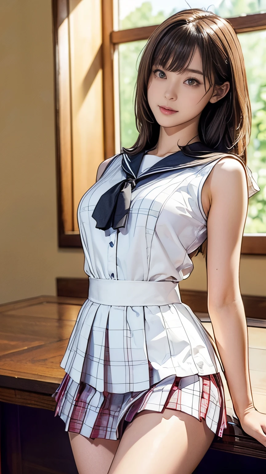 Highly detailed CG Unity 8k wallpaper, Very delicate and beautiful, Shockingly, Finely, official art, absurd, incredibly absurd, Ultra Detailed,The light shines on your face,Looking at the audience, (perfect woman image), Slimウエスト, Full Body Esbian, permanent, ((Sailor Suit, Plaid skirt, Collared shirt, abdomen, Open your clothes, sleeveless tops)), bare arm, Bangs, (best quality, 4K, On the table: 1.3), Beautiful Japanese Araphi woman、15age、Surreal, 1 girl,The face is rich in detail,Lip detail, Beautiful eyes,double eyelids, (Beautiful and delicate lips),Sexy face、Light brown hair、Medium Length Hair、(Seductive figure: 1.2), (Thin waist:1.1)、Flowing hair、((Solitary))、 Half-smile, Color Background, Looking at the audience,big breasts Thin waist,Movie Lighting, ((15ageの女の子, Slim, Thin waist, Thin thighs, Thin arms)), ((Raise your arms, Expose your armpits))