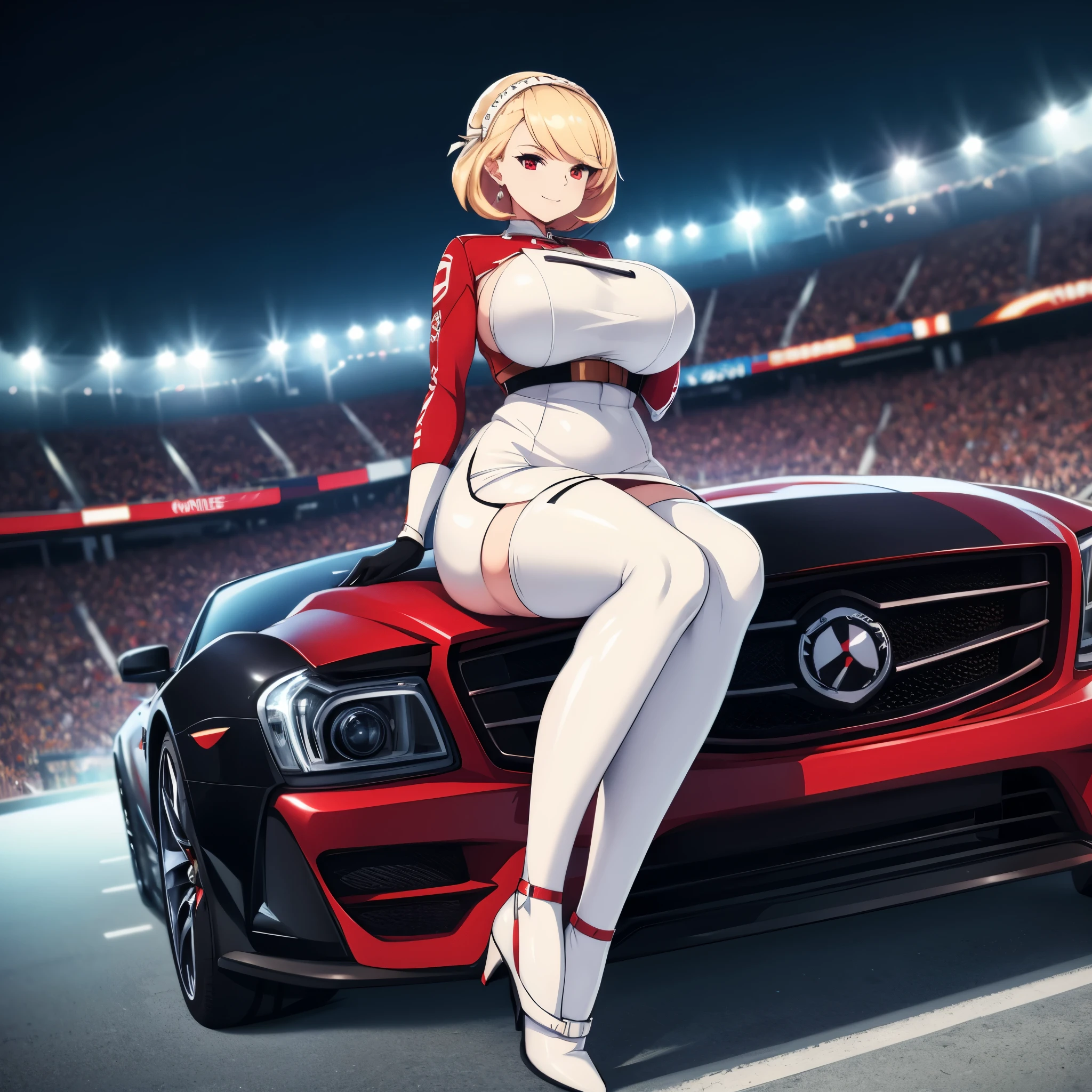 A woman wearing a tight white race queen style dress, exposed thigh, long white stockings, black heels, short blonde hair, red eyes, black gloves, big breasts, smiling, sitting on the hood of a white racing car with red details, on a track in a racing stadium, illuminated place, place at night,(woman solo), HDR, ultra resolution, sharp, masterpiece, 8K HD