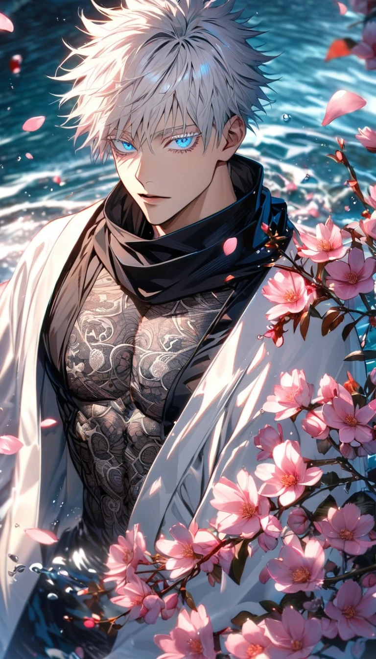 Ultra detailed, Highres, HDR, absurdres, Gojou Satoru, white hair with bangs, blue eyes, black scarf, white haori with patterns, white eyelashes, black tight shirt, sexy man, extremely handsome, solo, very detailed face and eyes, Jujutsu Kaisen, pink butterflies, petals, pink flowers, water, glittering, toned chest,
