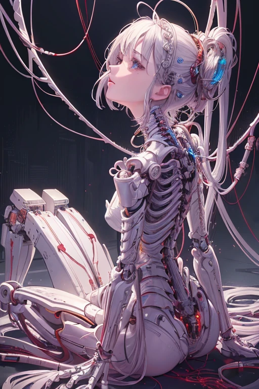(((masterpiece))), (((highest quality))), ((Very detailed)), (Highly detailed CG illustrations), ((Very delicate and beautiful)),(From the side),Cinematic Light,((1. Machine Girl)),alone,whole body,(Machine made joints:1.2),((Mechanical limbs)),(Blood vessels connected to tubes),(Mechanical vertebrae attached to the back),((Cervical vertebrae mechanically attached to the neck)),(Sitting),Expressionless,(Wires and cables around the neck:1.2),(Overhead wires and cables:1.2)(Character Focus),SF,Very detailed,colorful,Most detailed