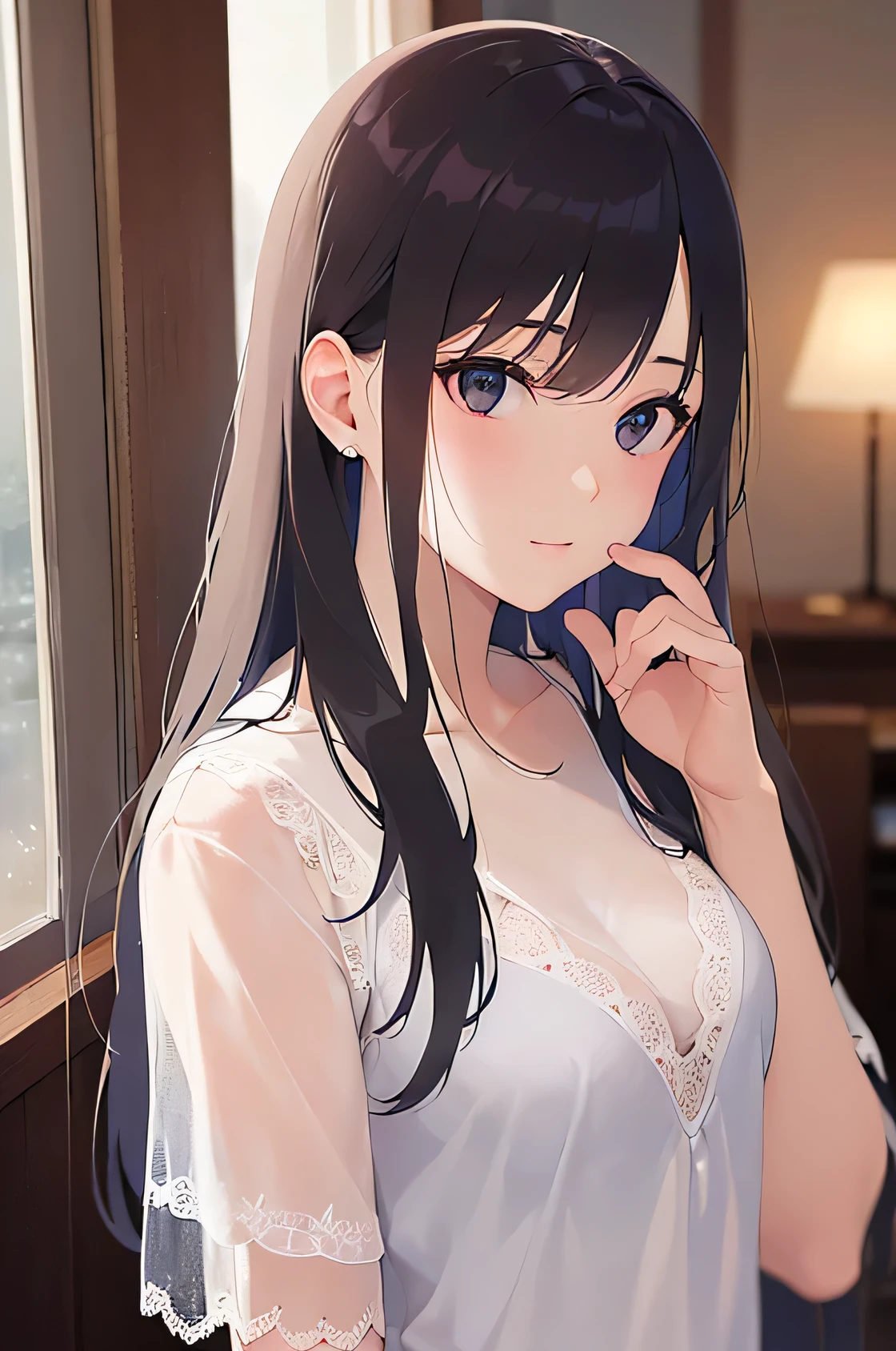 (White lace underwear:1.5)、5 biologically correct fingers、Upper Body, Realistic, Real person, (Pale skin: 1.2), RAW Photos, Realistic, Portrait Photography, Shiny skin, Japanese Idols、Shiny Hair、(A 33-year-old woman with medium-length straight hair and bangs) and (jitome)、(Holding a shirt:1.3)、Are standing、The background is a hotel room、Alone