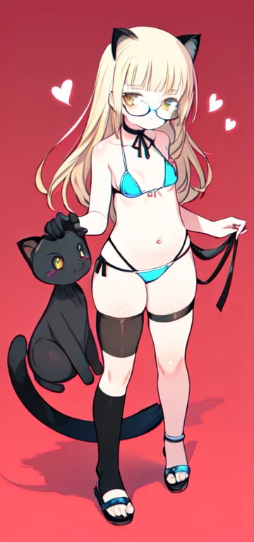 (8K, Best Quality, Ultra Detailliert, Highres, Absurdres, Perfect Anatomy:1.5, Masterpiece:1.5), (((Solo, 1 Cute Girl))), (((perrine h. clostermann, perrine clostermann))), (((Yellow Eyes))), (((Black Glasses:1.2))), (((Long Long Hair:1.3, Bangs, Blust Bangs, Blonde Hair))), (((Black Cat Ears, Black Cat Tail))), (Slender Body, Dwarf:0.7), (((Small Breasts:1.2))), ((Big Hips:1.1)), (Smile:0.8), (Evil Smile:0.4), (Blush:0.8), (((Blue Bikini))), (Choker, Neck Ribbon), ((Sandals)), ((Solo Fours, Full Body)), (Heart, 