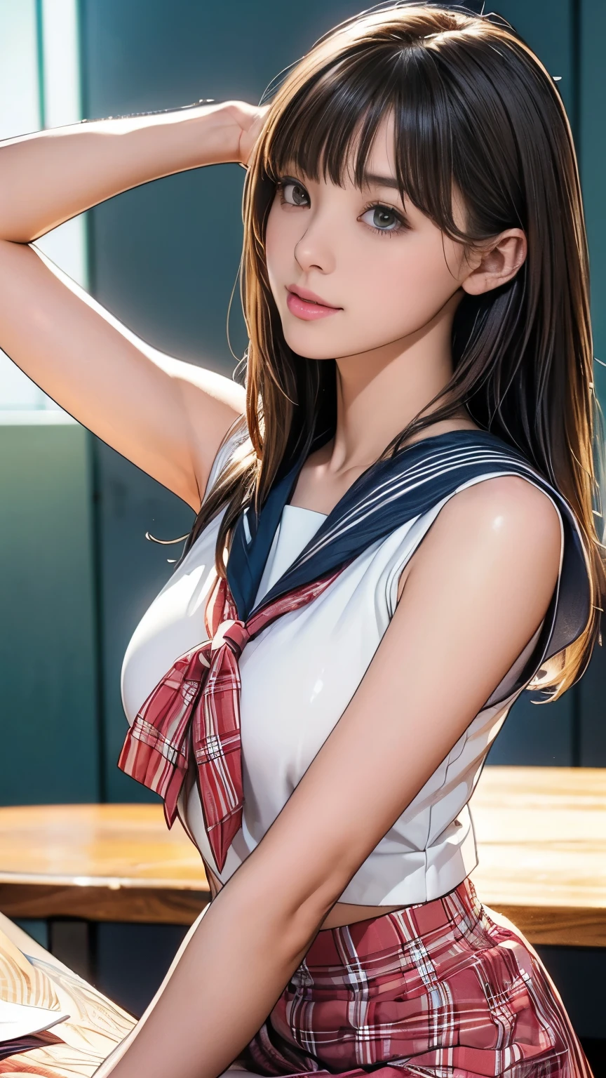 Highly detailed CG Unity 8k wallpaper, Very delicate and beautiful, Shockingly, Finely, official art, absurd, incredibly absurd, Ultra Detailed,The light shines on your face,Looking at the audience, (perfect woman image), Slimウエスト, Full Body Esbian, permanent, ((Sailor Suit, Plaid skirt, Collared shirt, abdomen, Open your clothes, sleeveless tops)), bare arm, Bangs, (best quality, 4K, On the table: 1.3), Beautiful Japanese Araphi woman、15age、Surreal, 1 girl,The face is rich in detail,Lip detail, Beautiful eyes,double eyelids, (Beautiful and delicate lips),Sexy face、Light brown hair、Medium Length Hair、(Seductive figure: 1.2), (Thin waist:1.1)、Flowing hair、((Solitary))、 Half-smile, Color Background, Looking at the audience,big breasts Thin waist,Movie Lighting, ((15ageの女の子, Slim, Thin waist, Thin thighs, Thin arms)), ((Raise your arms, Expose your armpits))