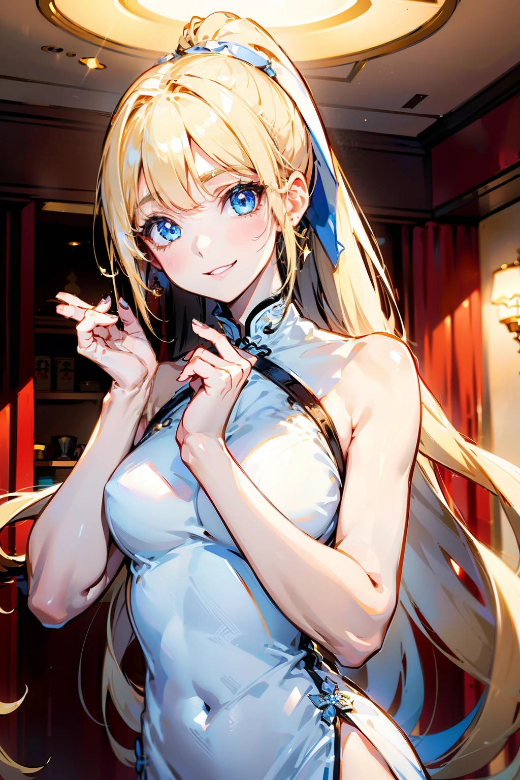 Portrait、、Bright expression、ponytail、Young, shiny, white, glossy skin、Gloss Face、Shining Cheek Gloss、Small Face Beauty、The best beauty、The dazzling light of blonde hair、Bright blonde hair with dazzling highlights、Very beautiful shiny light blonde hair、super long silky straight hair、Her shiny, beautiful bangs are covering her eyes.、Sparkling, clear, attractive, bright, large, pale blue eyes、Very big eyes、eyeliner、very beautiful lovely cute 16 year old girl、Ample Bust, full body , smile , (((white China dress))), background china house