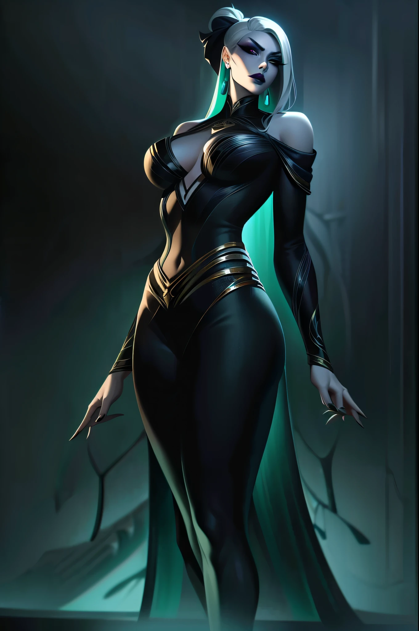 A young woman wearing a belly dancer suit and partially nude. The color palette is dominated by deep shades of green and black. Details in purple and dark green stand out, adding a dark and sinister atmosphere. Her skin is pale, almost translucent, and has a subtle glow. Her expression is serene, but at the same time carries an air of defiance, revealing his ambiguous and controlling personality. Goth makeup, black lipstick, black eyeliner, body accessories, white hair, splashart, body lines, vibrant colors, exquisite details, cinematic, artstation, detailed face, detailed eyes, detailed hands, detailed anatomy, huge butt, by rossdraws, by Kienan Lafferty