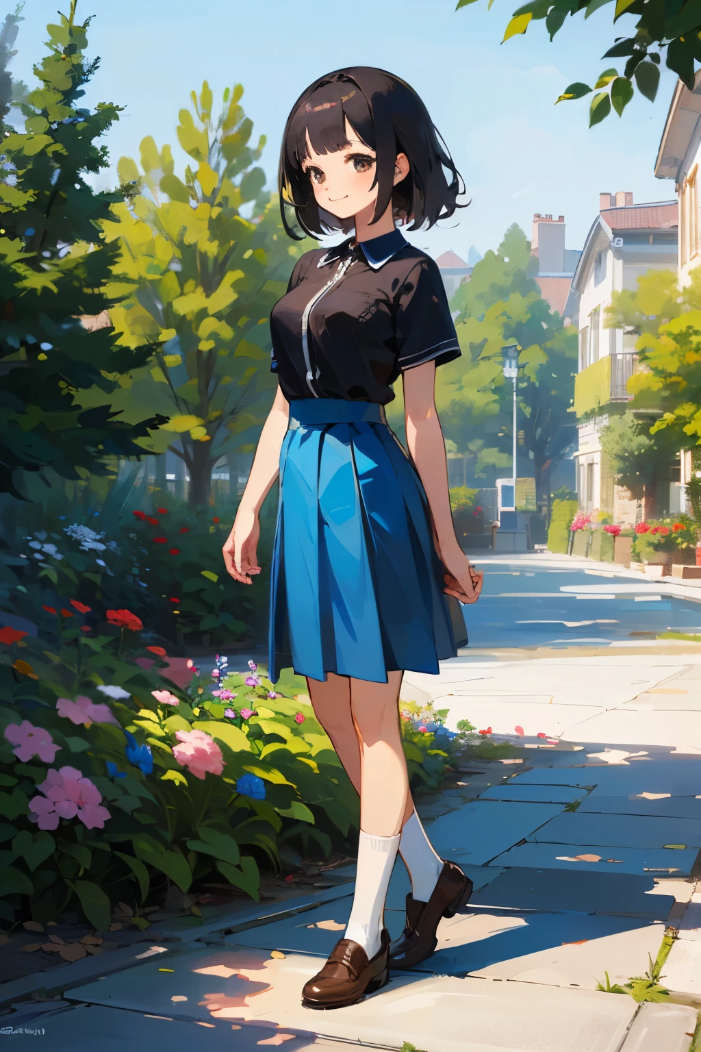 (high quality, High resolution, Very detailed, reality:1.37), Peaceful atmosphere, (Outdoor, garden), girl standing alone, (my breasts are big.), Beautiful details, Cute Smile, (Black bob hair), Short sleeve shirt, Blue Skirt, White socks, Brown leather shoes.