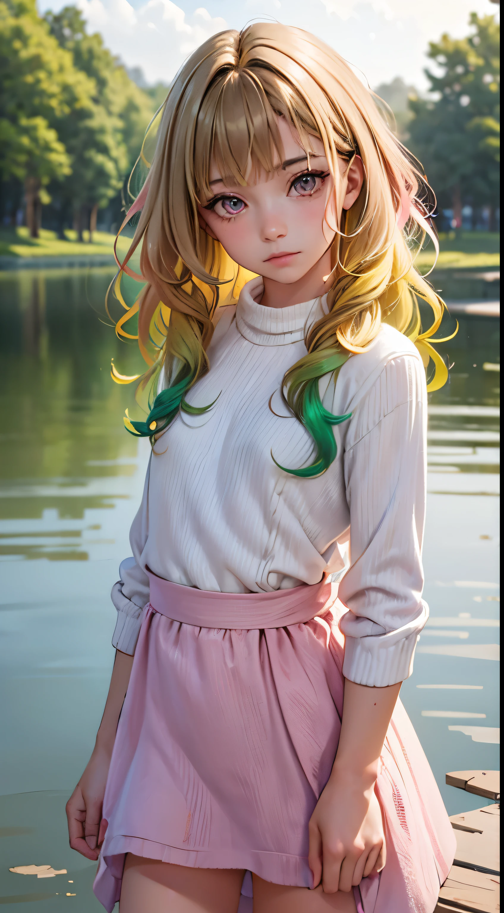 One woman, alone, alone Focus, Cowboy Shot, Portraiture,, Beaver,Half water color, Half Green, ((Brown Hair)), (Yellow Hair), (Gradient Hair :1.5), Curly Hair, ((Pink Eyes)), Ultra-detailed eyes, work, white knit, (Small TI quality, Very detailed,
