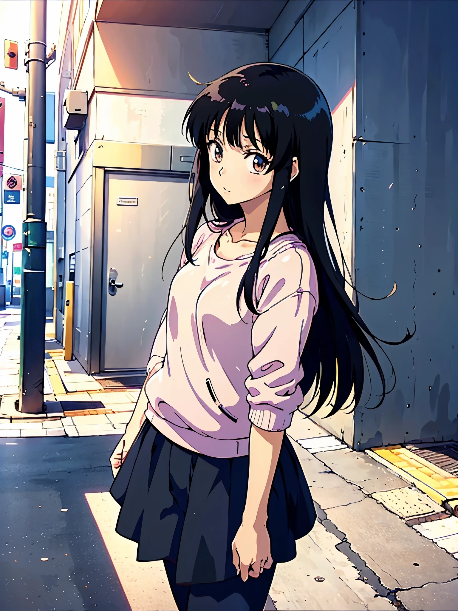 kawaii anime girl with a black straight hair standing in anime