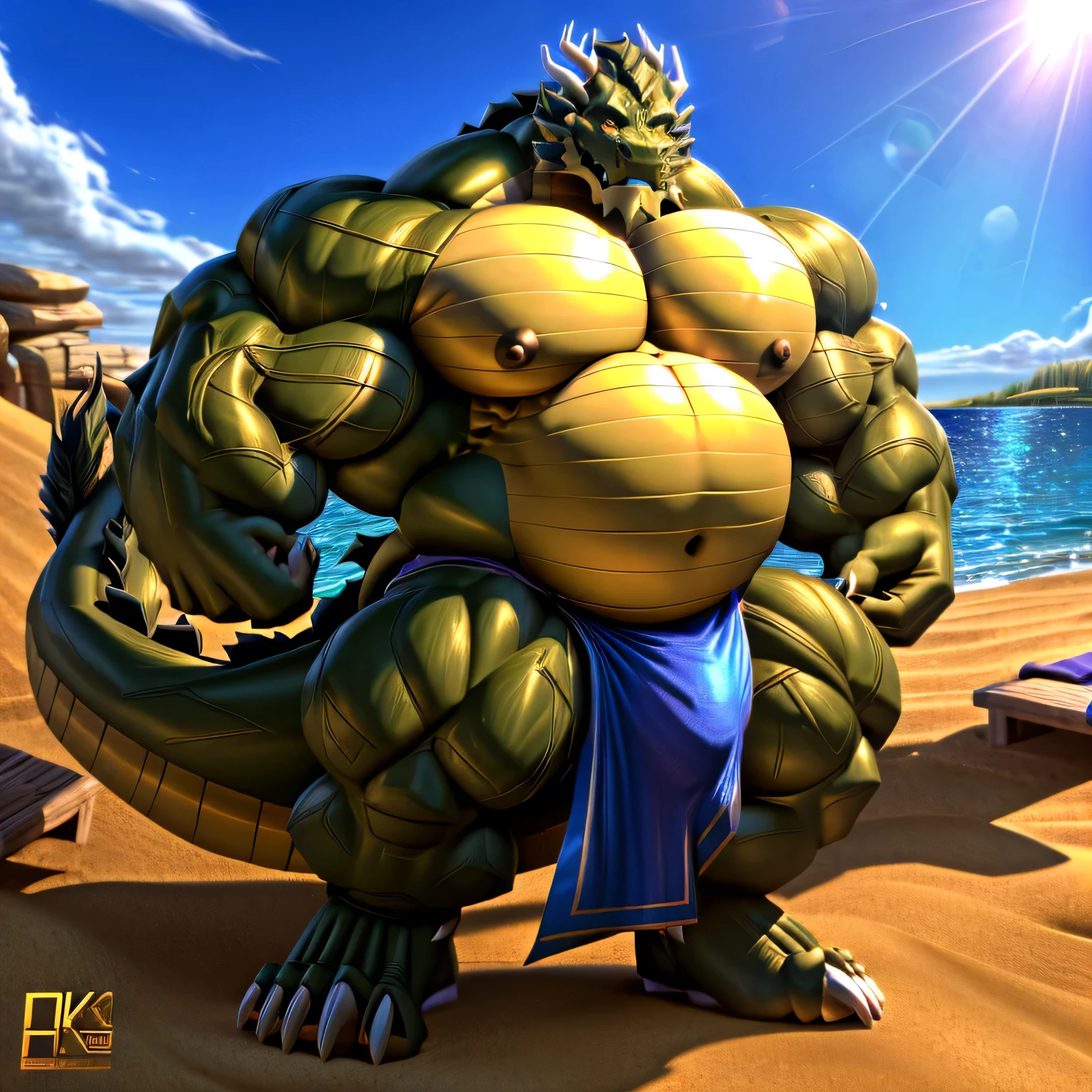 shendu, eastern dragon king, male dragon, eastern dragon,hefty body, with very big muscles, hulking, huge, colossal body, extremely strong, big abdominal muscles, hefty musclegut, pecs, Strong and robust musclegut , prominent muscle abs, sharp claws, legs, feet, full body, loincloth, nipples, sunlight, daylight, outdoor, bright , at noon, good weather, 4k, best quality,