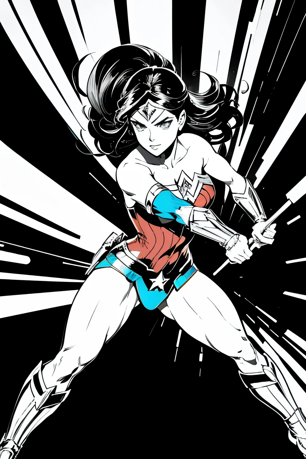 wonder wonder woman by steve - jones, portrait of wonder woman, wonder woman, dc comics art style, retro line art, black on white line art, vector line art, black ink line art, black and white line art, inked digital, vector ink drawing, comic book drawing, comic pinup style, intense line art, extremely fine ink lineart, dc comics style, full body