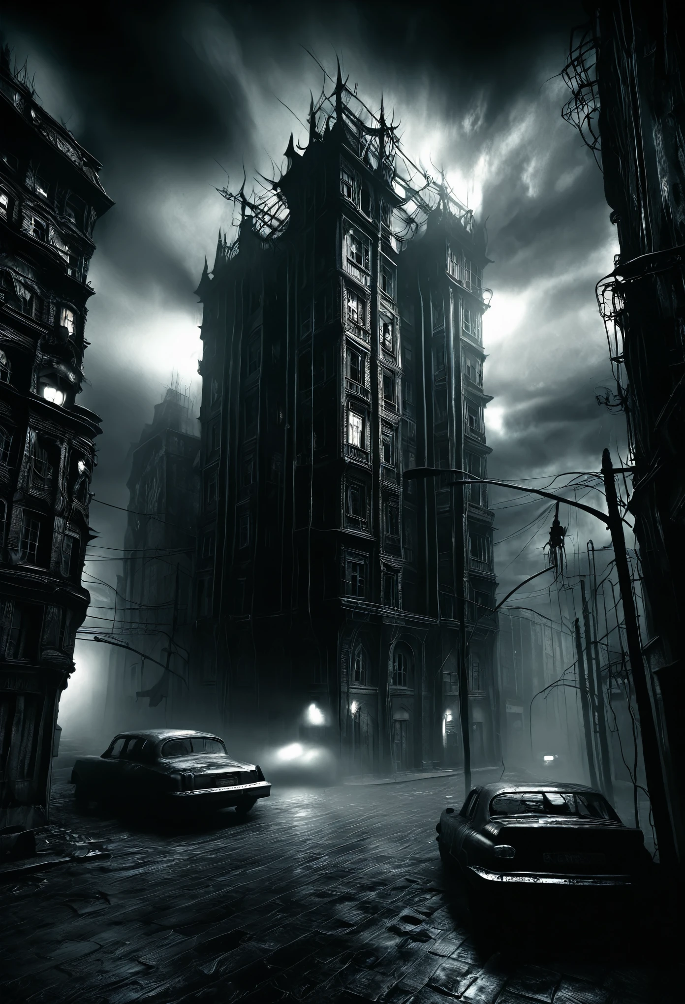 Twist the cityscape into a nightmarish horror setting, with ominous shadows, eerie lighting, and buildings that seem to be alive with malevolent energy, inspired by the unsettling style of H.R. Giger.