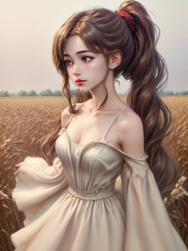 (masterpiece:1.4),, (best quality:1.4),, ultra-high res,, 8K, CG,, (extremely delicate and beautiful:1.2),, , upper body,, from side,, looking at viewer,, , 1girl,, solo,, fashi-girl,, mature girl,, , cute, sweet,, , in the wheat field,, blurry background,, , long brown hair,, ponytail hair,, , brown eyes,, closed mouth,, red lips,, , face brushed by the wind,, , white dress,, medium breasts,