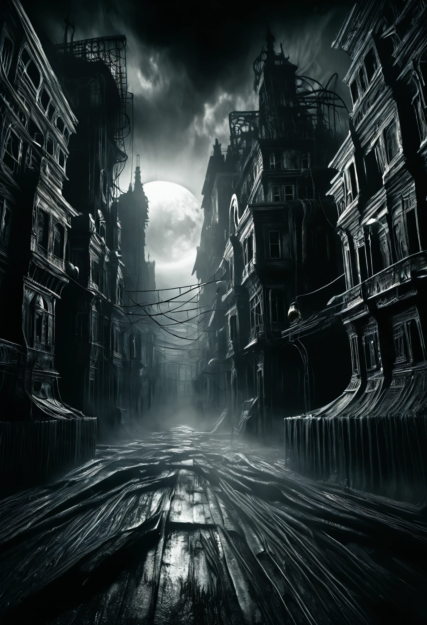 Twist the cityscape into a nightmarish horror setting, with ominous shadows, eerie lighting, and buildings that seem to be alive with malevolent energy, inspired by the unsettling style of H.R. Giger.