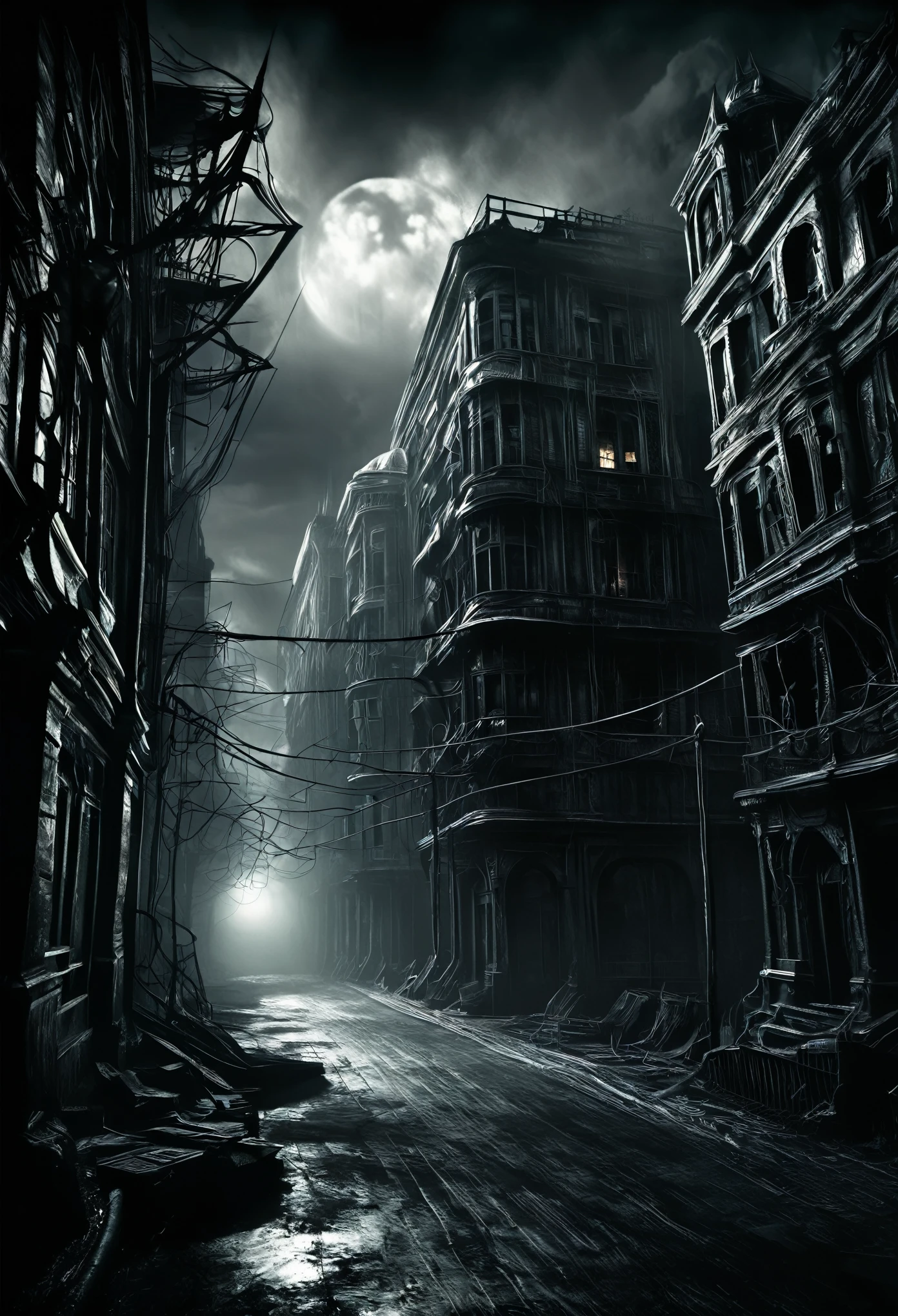 Twist the cityscape into a nightmarish horror setting, with ominous shadows, eerie lighting, and buildings that seem to be alive with malevolent energy, inspired by the unsettling style of H.R. Giger.