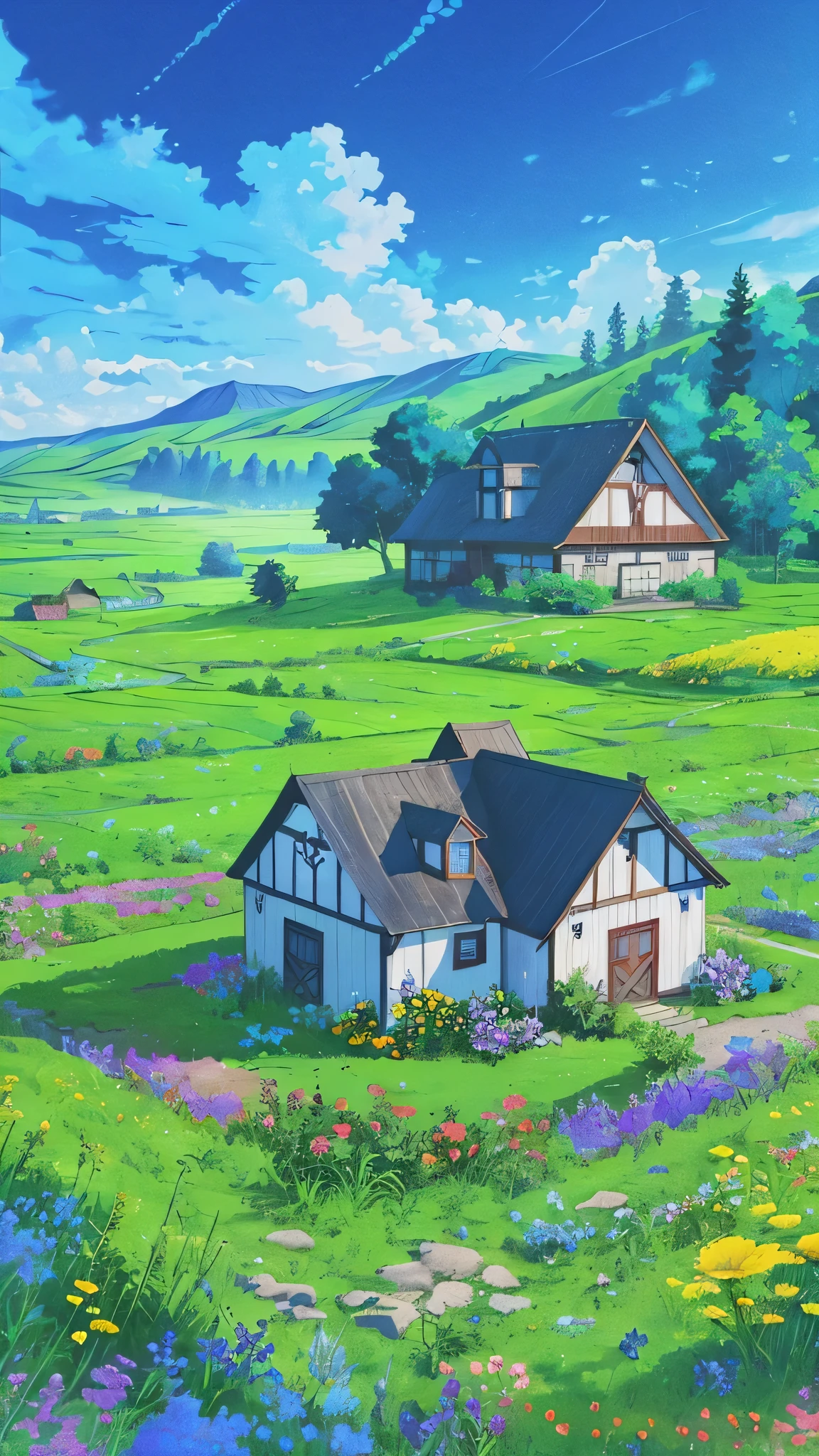 Farm land scenery filled with wild flowers, trees beautiful sky and bungalow with blue roof