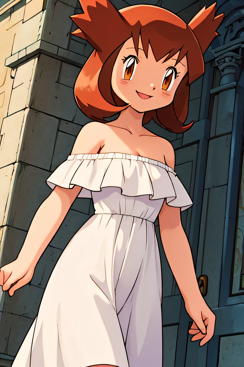 masterpiece, best quality, ultra-detailed, illustration, beautiful detailed eyes, very detailed illustration, cinematic lighting, 1 girl, solo, Pokemon Heroes (Bianca), Brown Hair, brown eyes, bare shoulders, strapless, off shoulders, white ruffle off the shoulder top, white maxi dress, intricate details, sharp focus, high resolution, the background of inside the mansion, smile, as she walks softly, anime style, ultra-detailed, hdr, far at the bottom, in the center, Close up