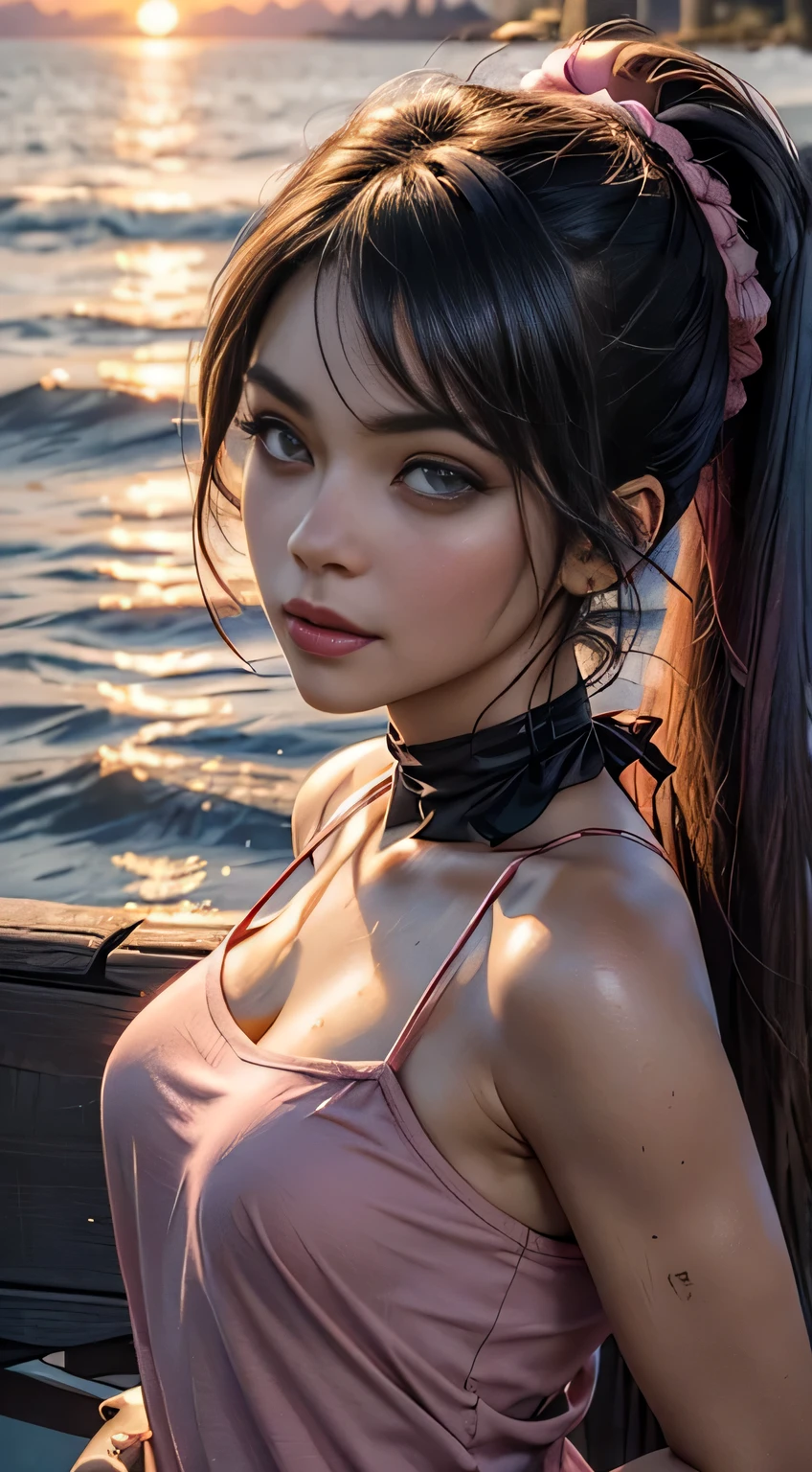 on wooden pier, (radiator cap:1.2), (pink camisole:1.4), 1 sister, fully reserved, looking at viewert, (Extreme closeup, ECU, Full face shooting:1.3), (Detailed faces:1.4), (photore:1.2), dyeing, Content, relaxed, Smile gently, (Shoulder-length hair:1.3), (foundation, liquids , mascara, Red fluttering face, Smoky eye makeup, lipsticks:1.3), nail polish, (The beautiful, A gorgeous one, flawless complexion:1.2), hair pin, shairband, ribbons, gloss on the lips, bright, Sardas, antique rose, rustic brown, warm beige, Grayish blue, faded olive color, Eternal, (the sunset, natta:1.25), fc detail portrait, professional photoshooting, HighDynamicRange (HighDynamicRange), sub surface scattering, actual, heavy shadow, The main part, hyper realisitc, A high resolution, Proportions of gold, the rule of thirds, iintricate, high detal, movie movie photos, SLR camera, (hair tied up in a pony tail:1.3), (eBlue eyes:0.8), black hair color hair