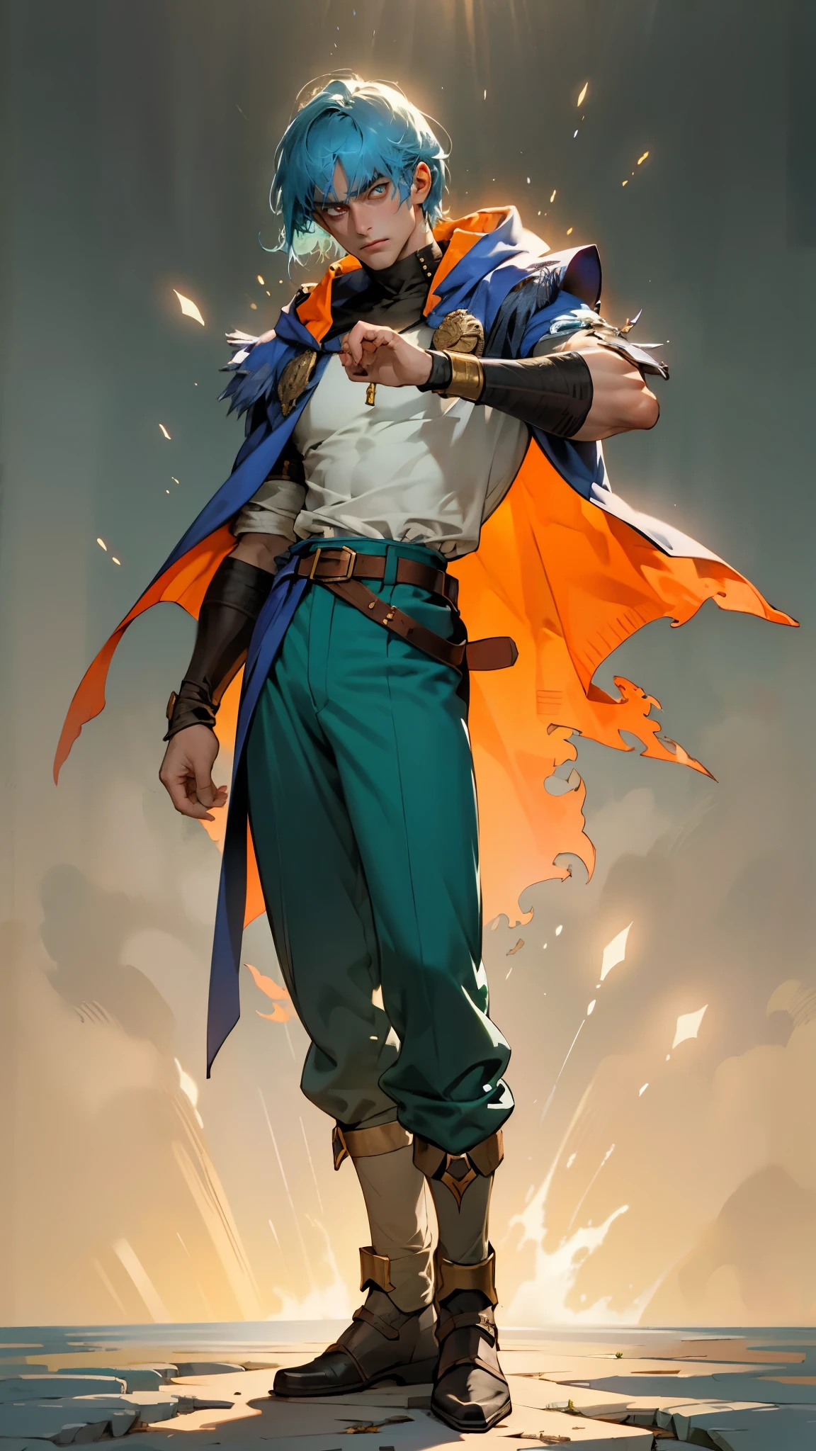 A man with short golden-blue hair, upward-flipped middle part bangs, handsome face, confident expression, golden eyes, he is hooded, a fantasy-style green-purple hooded coat, black undershirt, blue and white shoulder guards, wide cuffs, asymmetrical hem, a green belt buckle, dark blue trousers, his right hand resting behind his back and his left hand raised, stands before a majestic fantasy-style spatial portal, this character embodies a finely crafted fantasy-style sage in anime style, exquisite and mature manga art style, high definition, best quality, highres, ultra-detailed, ultra-fine painting, extremely delicate, professional, perfect body proportions, golden ratio, anatomically correct, symmetrical face, extremely detailed eyes and face, high quality eyes, creativity, RAW photo, UHD, 32k, Natural light, cinematic lighting, masterpiece-anatomy-perfect, masterpiece:1.5