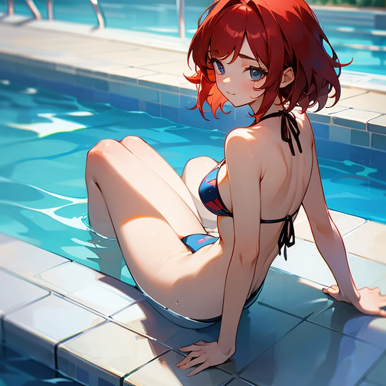 16 year old girl. Red hair, bikini,swimming pool
