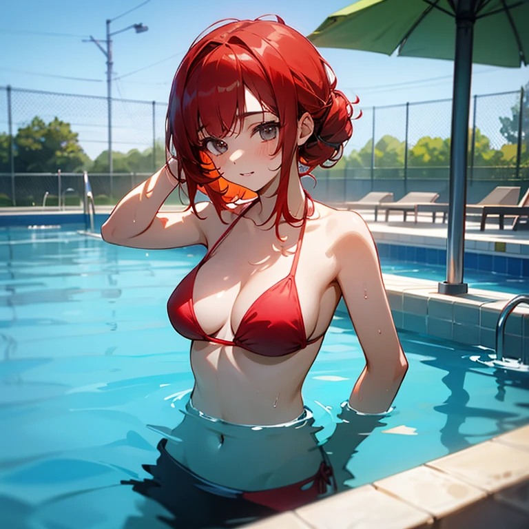 16 year old girl. Red hair, bikini,swimming pool