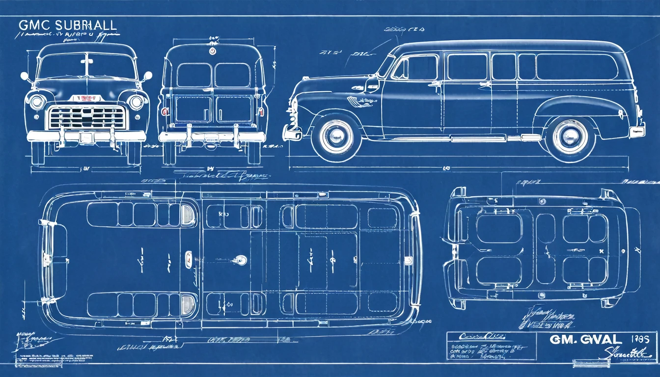 Blueprint Schematic Drawing , 1952 GMC suburban CarryAll , technical drawing, blueprint, schematic