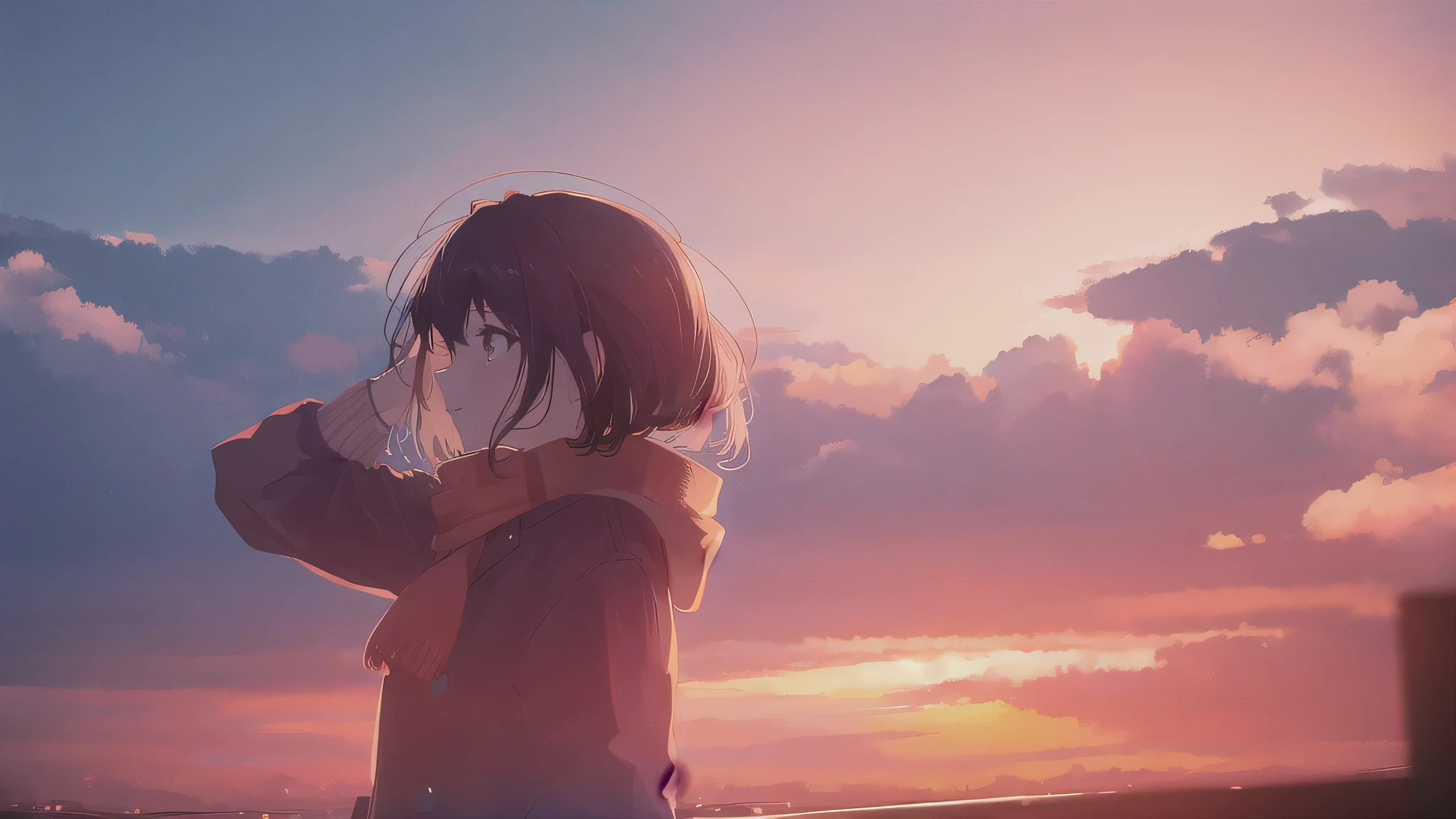One girl, sunset, Gazing into the distance