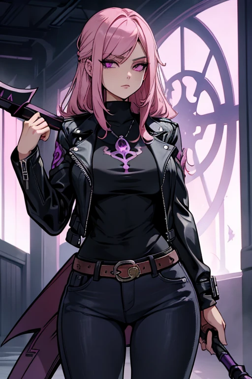 A pink haired female reaper with violet eyes with an hourglass figure in a cool leather jacket and jeans is carrying her scythe in the mall